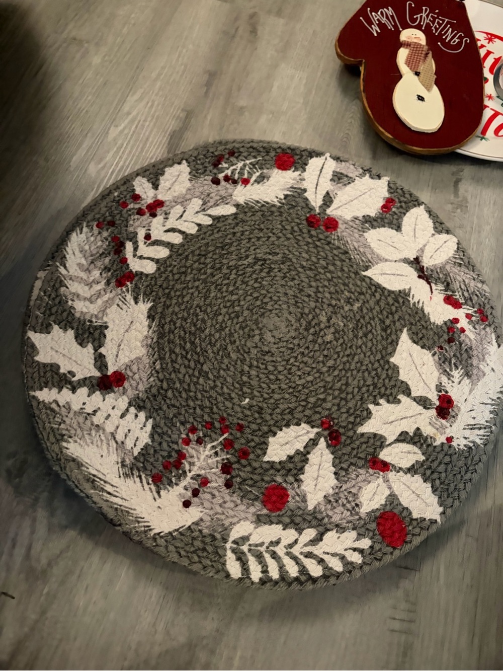 Gray Holiday Wreath Braided Table Mats (3)  with White Leaves and Red Berries